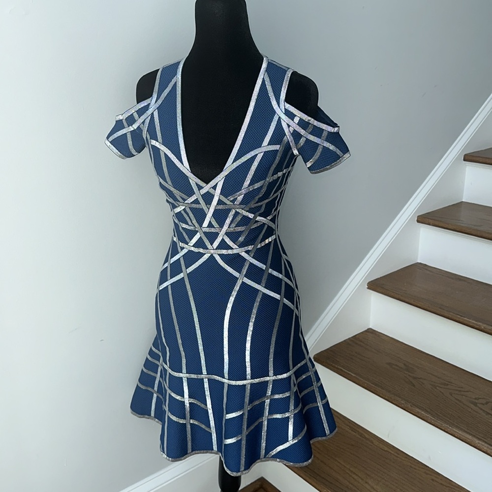 Herve Leger Blue and Silver Metallic Trim Mini Dress XS